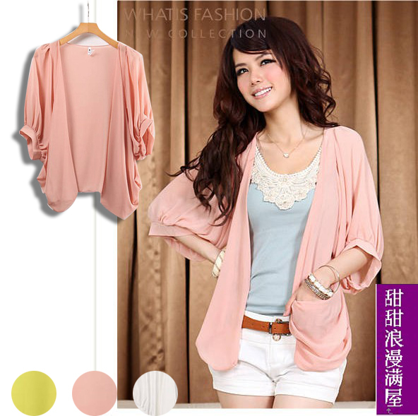 Free Shipping 2013 autumn women's r8608 sweet casual all-match three quarter sleeve chiffon shirt coat wholesale