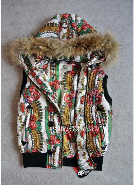 Free Shipping 2013 Brand New systemic printed hooded down vest real fur collar