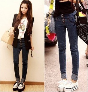 Free shipping 2013 buttons butt-lifting high waist jeans pencil pants skinny pants