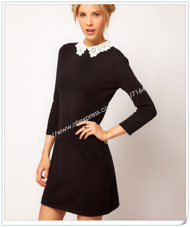 free shipping 2013 casual strapless apparel for women Spring new leather sleeve short Lace collar hit color dress wly209