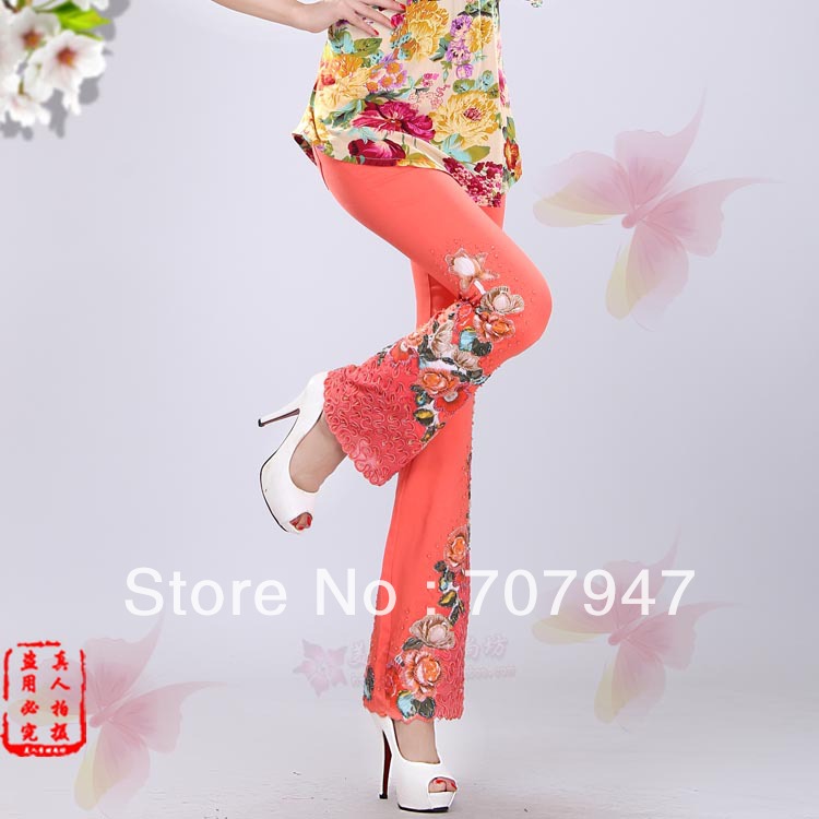 Free shipping 2013 denim fashion colorful beading embroidered jeans bell-bottom skinny jeans orange printing jeans women