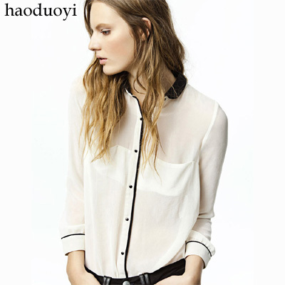 Free Shipping 2013 detachable collar black color block chiffon shirt white shirt 6 full