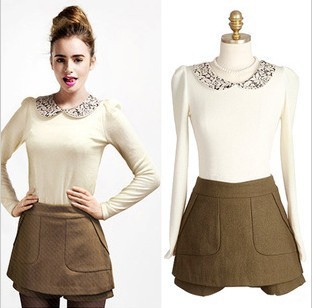 free shipping 2013 Doll collar t-shirt retro bottoming shirt lace shirt long-sleeved blouse beige 1366 retail