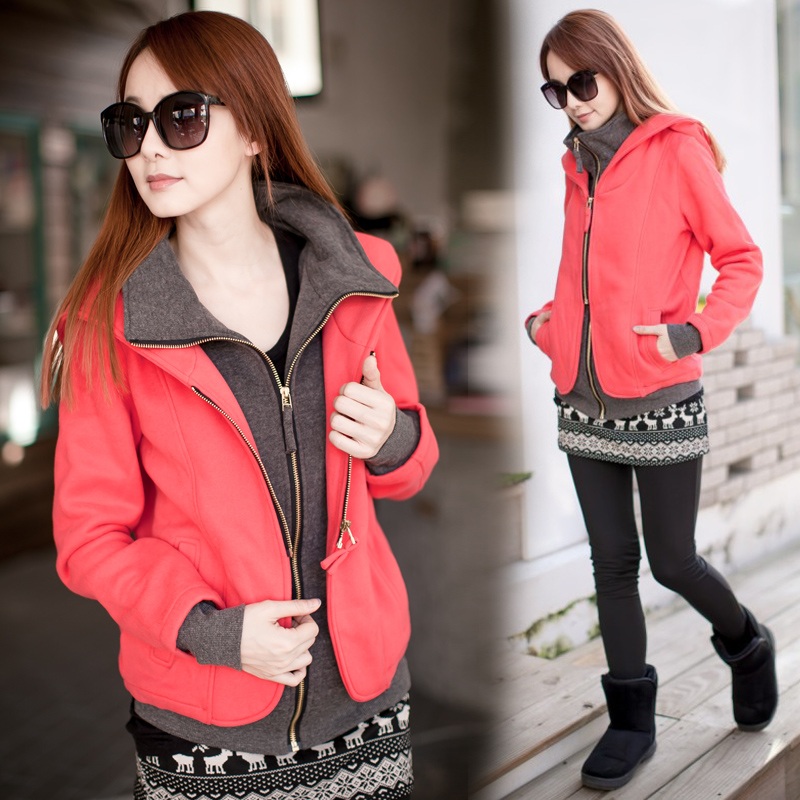 Free shipping 2013 double zipper with a hood fleece inside the faux two piece casual outerwear