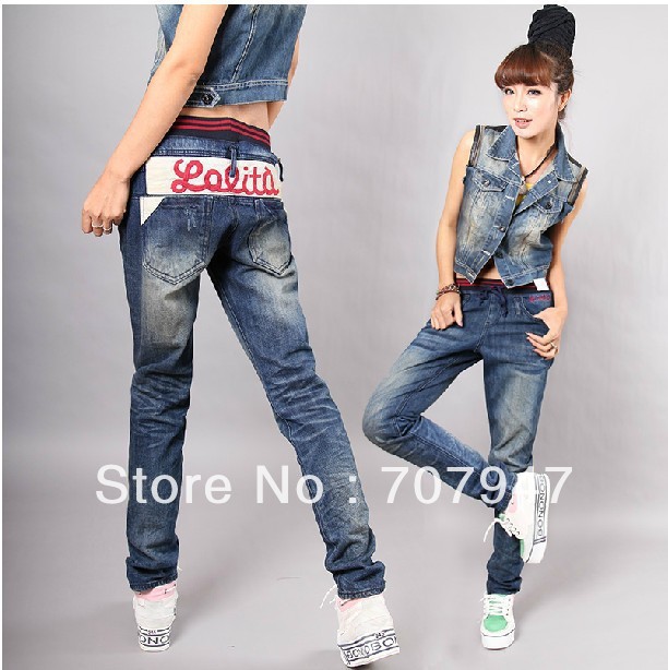 Free shipping 2013 Elastic waist baggy jeans loose color block harem pants for women denim trouser Fashion harem jeans Wholesale