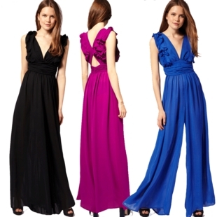 Free Shipping  2013 European and American temperament flounced wide leg jumpsuit high waist chiffon sexy deep V culottes 9003