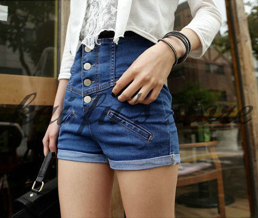 Free shipping 2013 Fashion all-match high waist denim shorts single breasted roll-up hem high waist short elastic slim hip pants