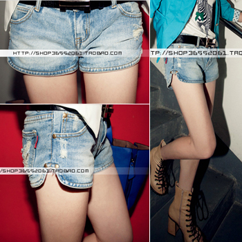 Free Shipping 2013 fashion casual pants all-match denim distrressed trousers denim short shorts light color