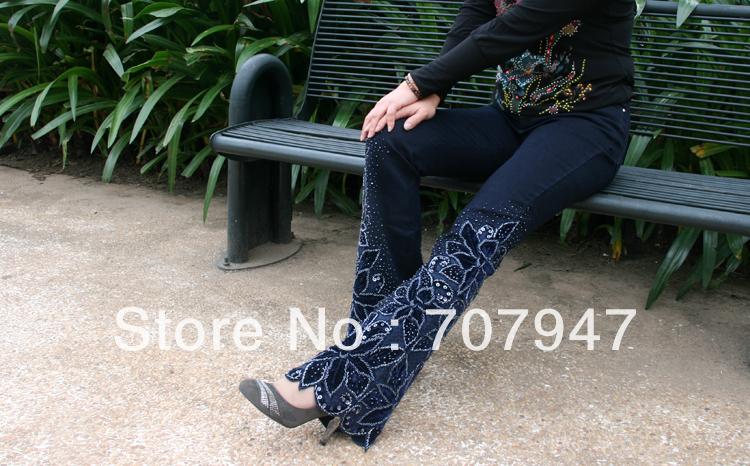 Free shipping 2013 Fashion denim embroidered jeans handmade  flowers beaded printing jeans women plus size bell bottom jeans