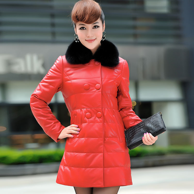 Free shipping 2013 fashion down coat   genuine leather   sheepskin fox fur medium-long leather    women's down jacket