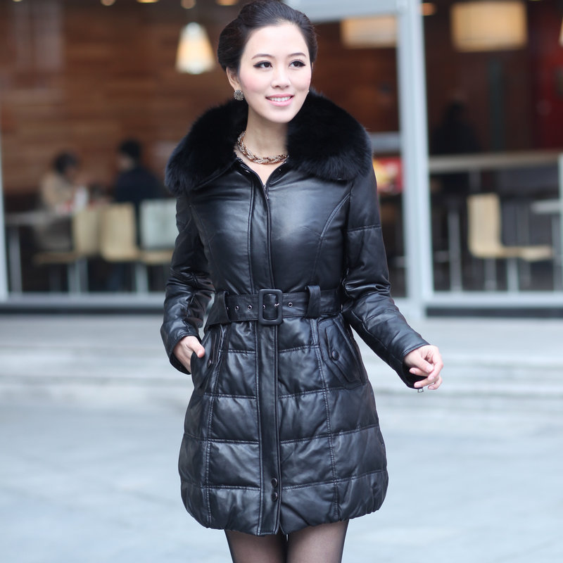 Free shipping 2013 fashion down coat    genuine leather  sheepskin  medium-long fur collar   women's down jacket