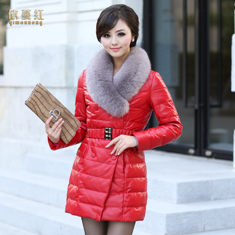 Free shipping 2013 fashion down coat  Red   sheepskin fox fur  medium-long  112   women's down jacket