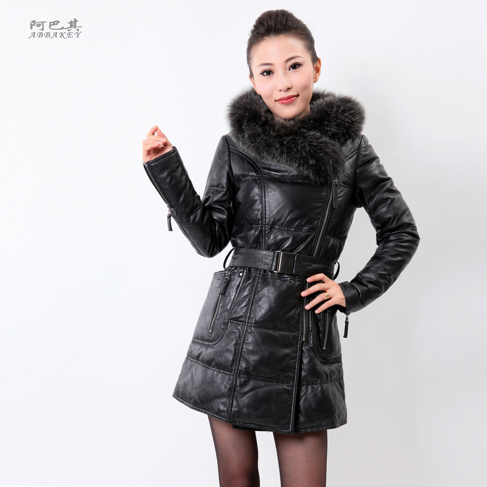 Free shipping 2013 fashion down coat    sheepskin leather   medium-long fox fur tie cap   women's down jacket