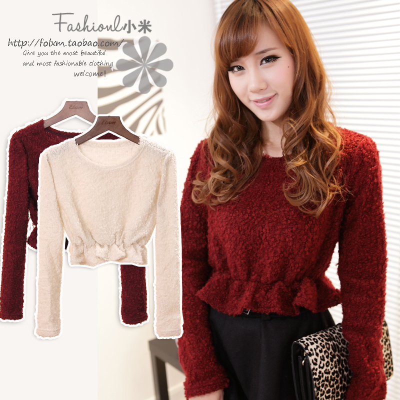 Free Shipping, 2013 fashion loop pile slim waist laciness pullover ultra-short top