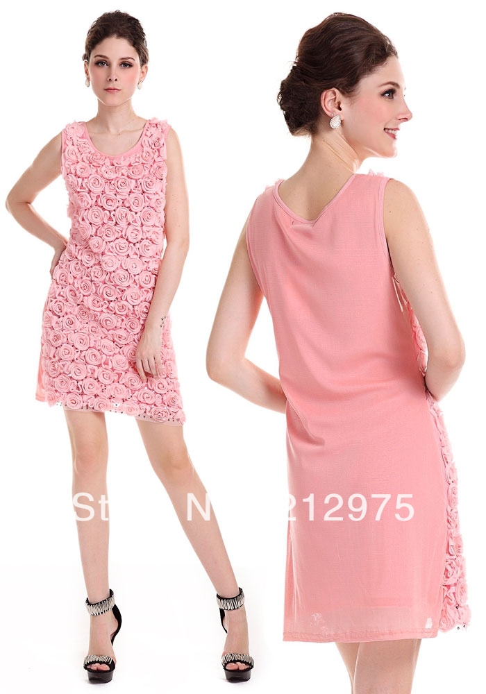 Free Shipping 2013 Fashion New  3D  Rose Flowers Mini Skirt Dress Pink