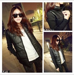 Free shipping 2013 fashion pillow patchwork rib knitting sleeve slim leather clothing cotton-padded jacket wadded jacket