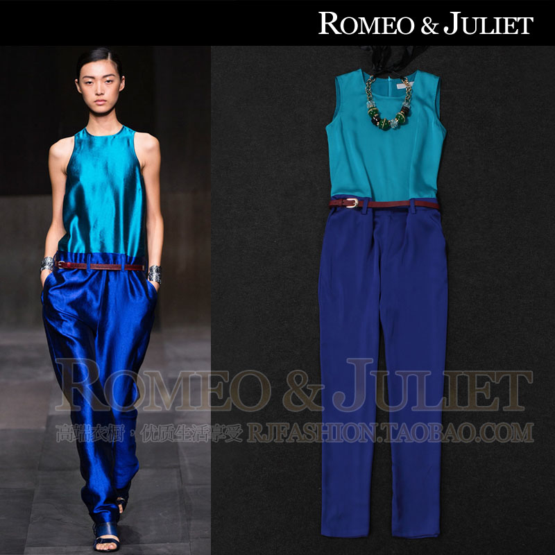 Free shipping 2013 fashion spring and summer women's french fashion vintage color block jumpsuit