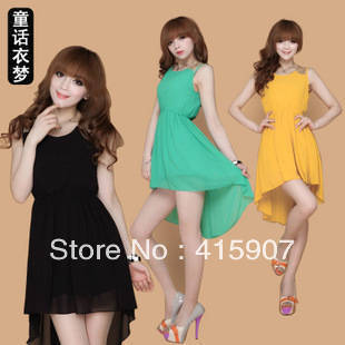 Free shipping! 2013 Fashion Spring Shoulder sequins the waist chiffon vest skirt hem irregular dress Seven color Free size