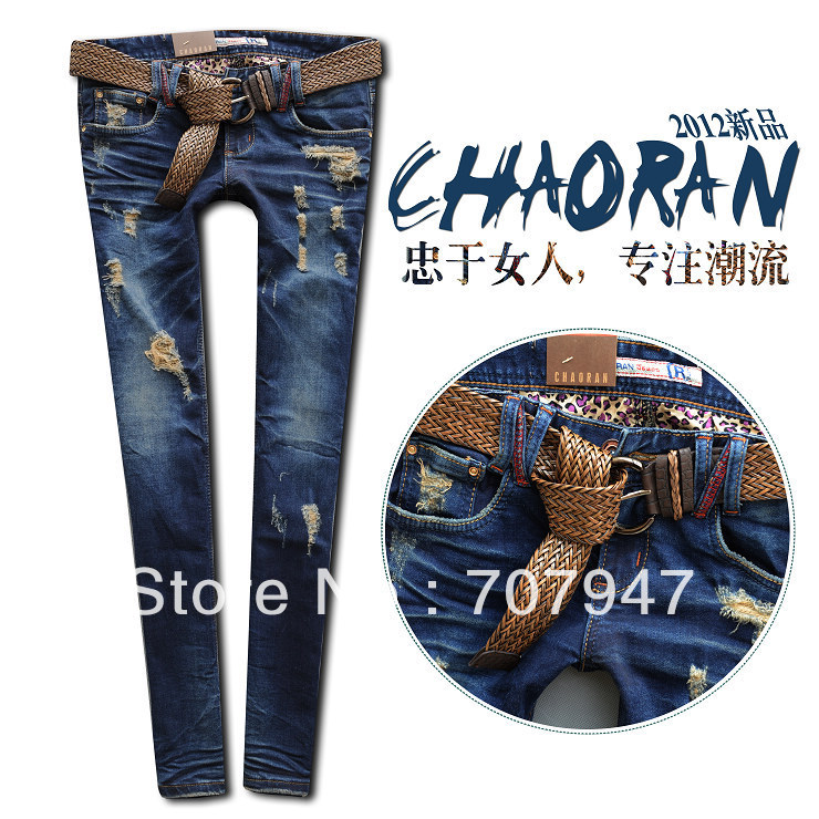 Free shipping 2013  Fashion Vintage denim water wash hole jeans with knitted belt  Slim skinny jeans women jeans pants Wholesale