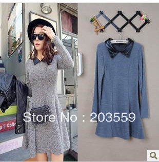 Free shipping # 2013 fashion woman new stitching leather collar waist gray dress G1573 #