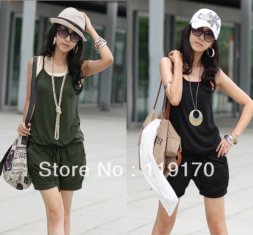 Free shipping 2013 Fashion Women Sleeveless Romper Strap Short Jumpsuit Scoop Black green 2023