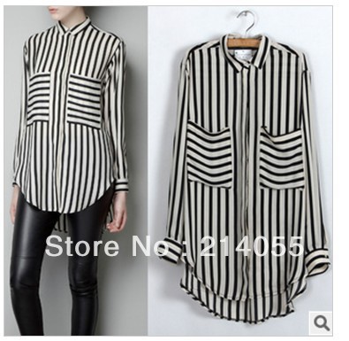 free shipping 2013 fashionable new promotion woman shirt's temperament stripe long pattern shirt shirt.