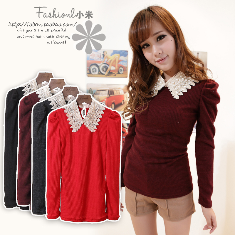 Free Shipping, 2013 female beading peter pan collar puff sleeve pullover basic wool