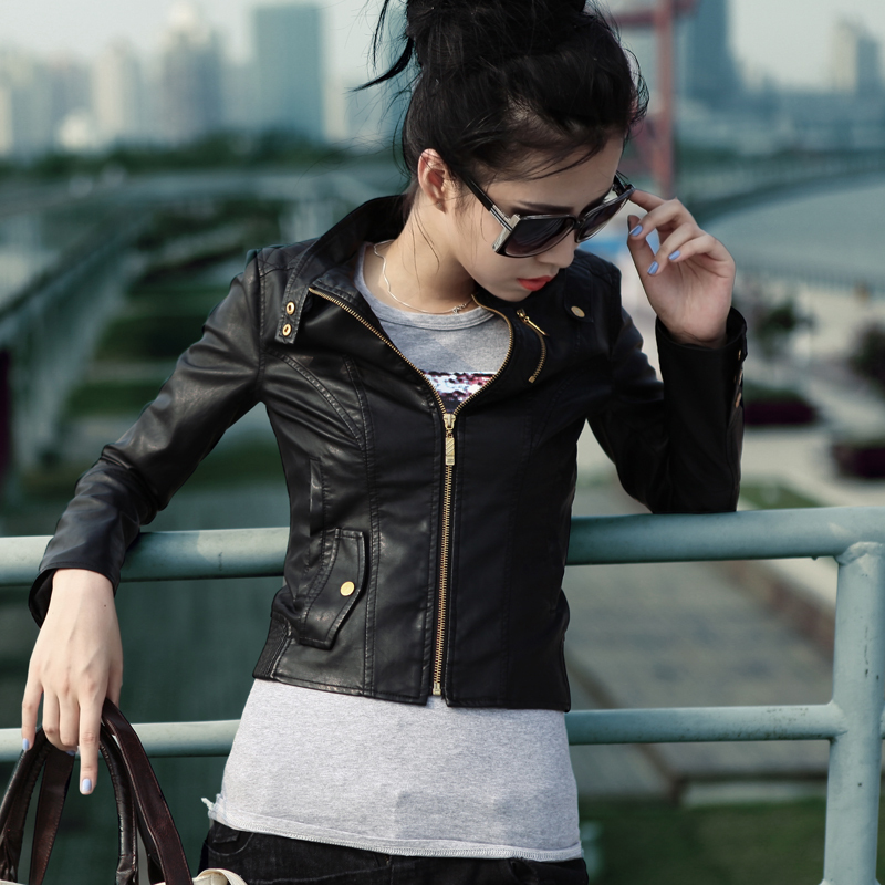 Free Shipping 2013 female outerwear short design slim PU small leather motorcycle clothing wholesale and retail