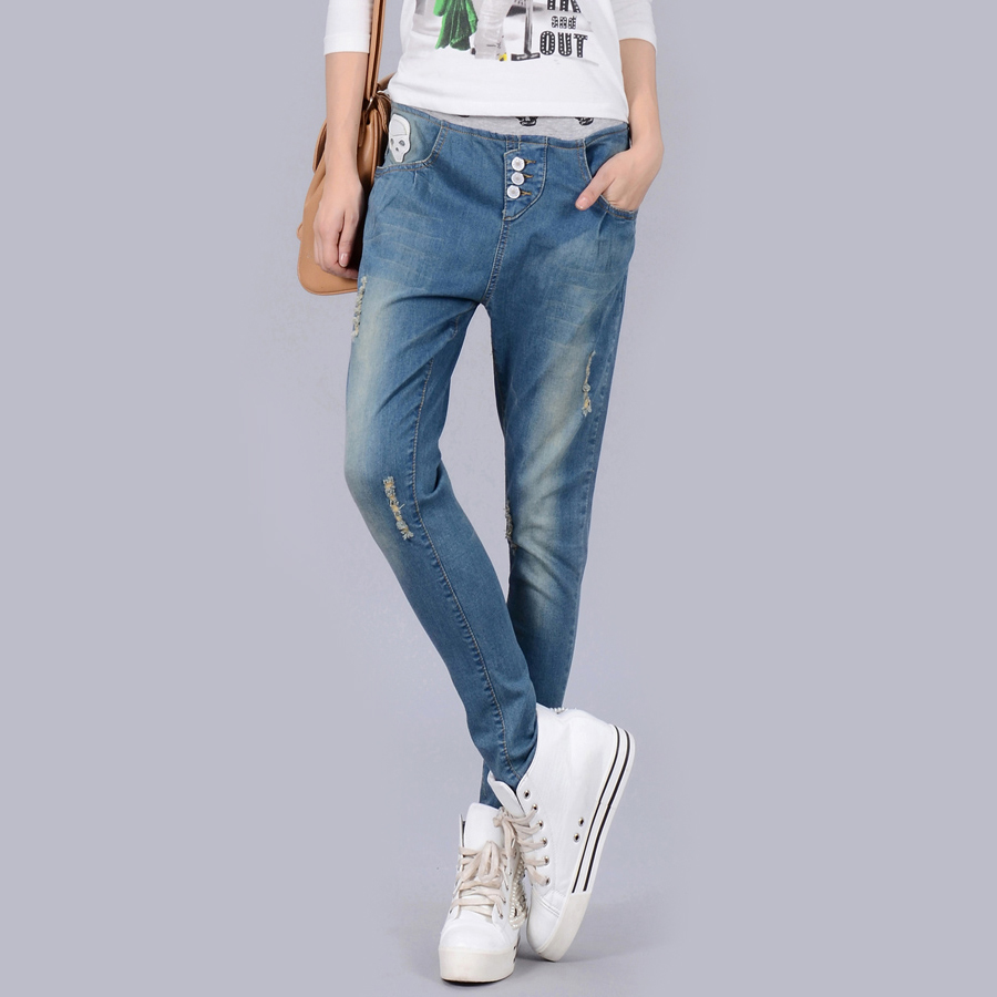 Free shipping 2013 female slim skinny pants all-match pencil pants hole patchwork denim trousers