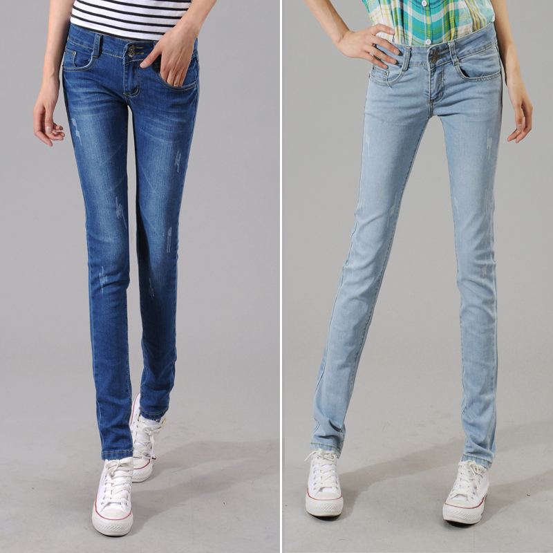 Free shipping 2013 female tight slim double breasted jeans mid waist elastic skinny pants pencil pants