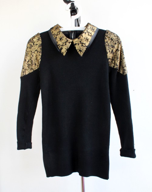 Free shipping 2013 female vintage slim gold shoulder turn-down collar basic shirt patchwork knitted sweaters 3484FWG