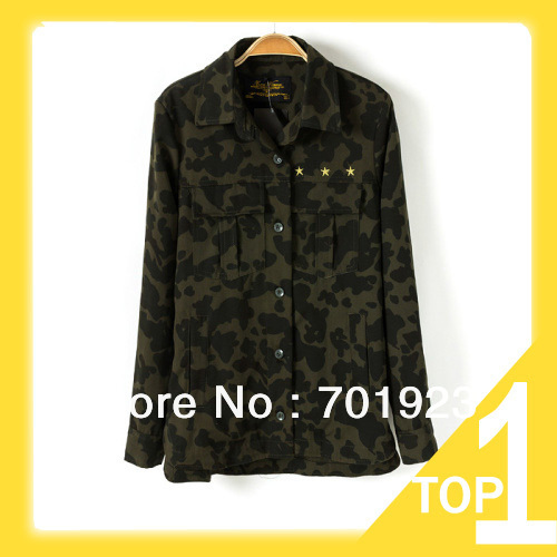 free shipping 2013 Flocked Leopard Pattern Camo Army Jacket Blouse Top Outerwear Y7523