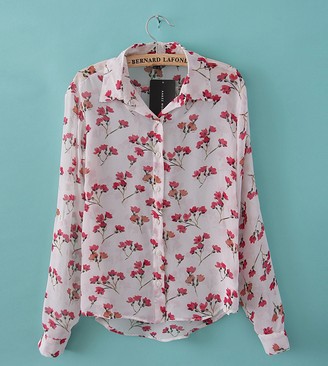 free shipping 2013 flower print lapel long-sleeved chiffon perspective shirt ft334