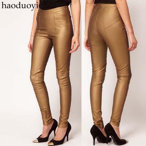 Free shipping 2013 Gold PU cutting tight-fitting high-elastic patchwork leather pants trousers zipper waist zipper 6 full