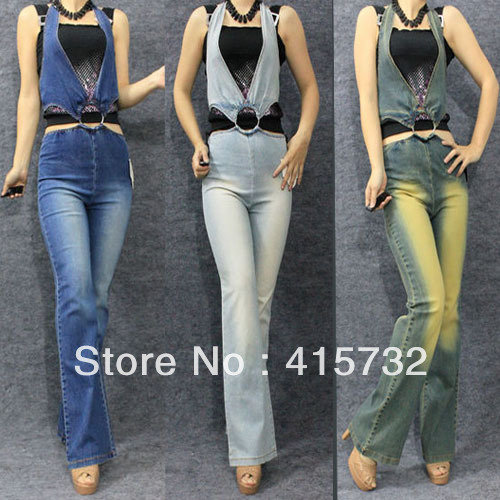 Free Shipping 2013 Halterneck High Waist Jumpsuit For Women Personalized Plus Size Suspenders Vintage Jeans Overalls lady Romper