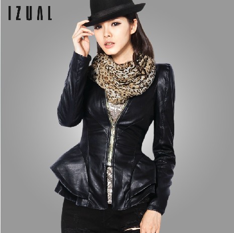 Free Shipping 2013 HIGH QUALITY luxurious black leather jacket casual slim women leather coats jackets