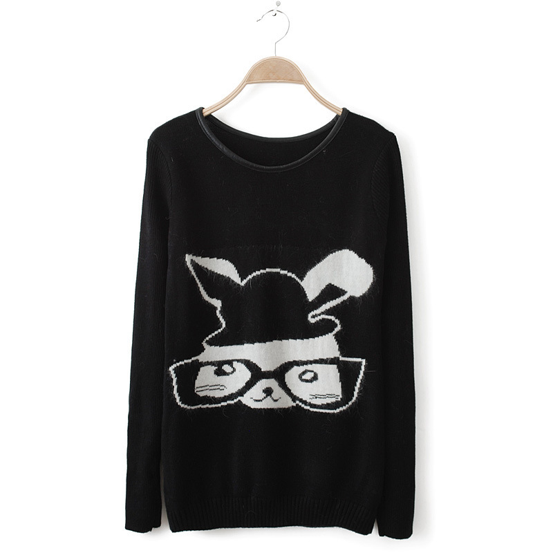 Free shipping  2013 hot sale Cartoon Rabbit with Glasses Pattern  Pullover  Casual knitted sweater Womens Ladies Sweater