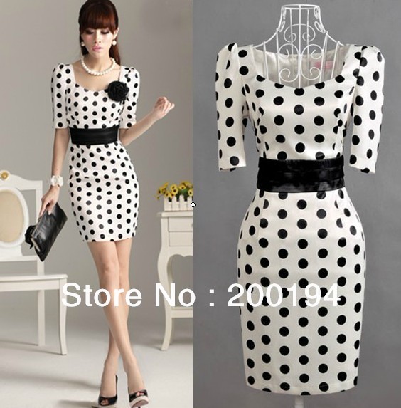 Free shipping 2013 Hot Sale Women fashion dress , Slim Dresses Dot Bow dress size :S,M,L,XL,