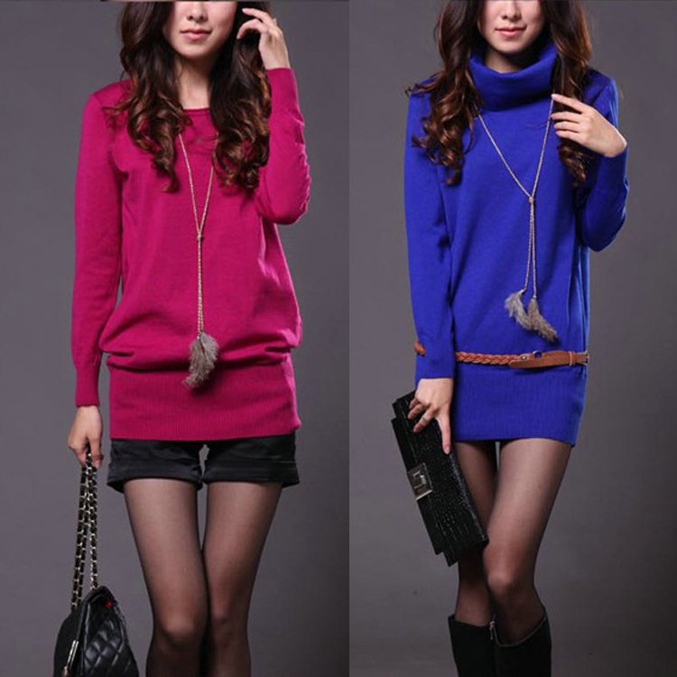 Free shipping 2013 hot sale women fashion slim-fit o-neck/high collar knitted medium-long sweater shirt dress 14colors 5001