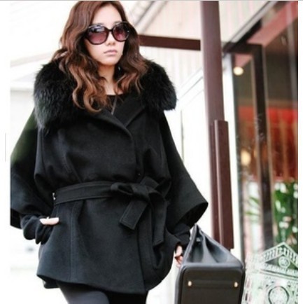 Free shipping!2013 hot sell  Real Fox Fur Collar Women's Long Black Coat Fur Jacket Wool Clothes Plus Size Wholesale and retail