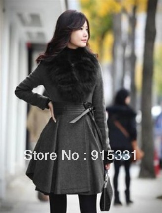 Free shipping!2013 hot sell Women's Winter Elegant Slim Fit Long Fashion Coat Jacket Woolen Faux Fox Wool Collar Outwear