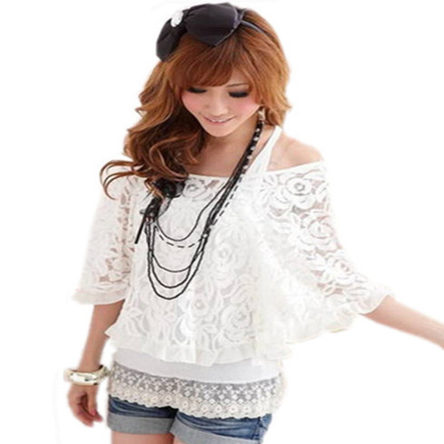 free shipping 2013 hot selling spring women new fashion white black lace two-piece set vest+loose lace blouses dress shirts 445