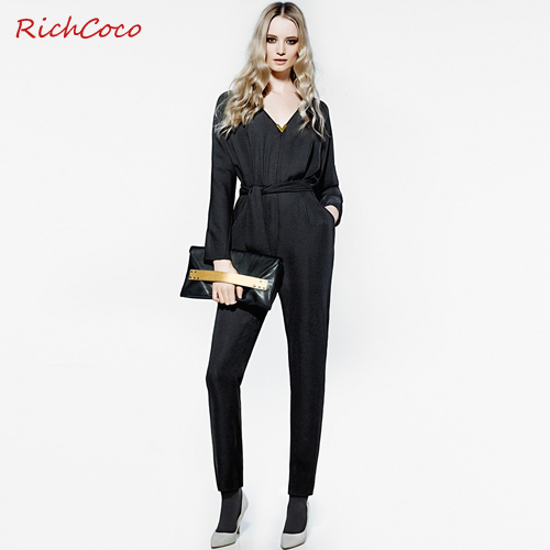 Free shipping,2013 hot selling,women's chiffon V-neck slim long sleeve high waist jumpsuit pants,black clothing