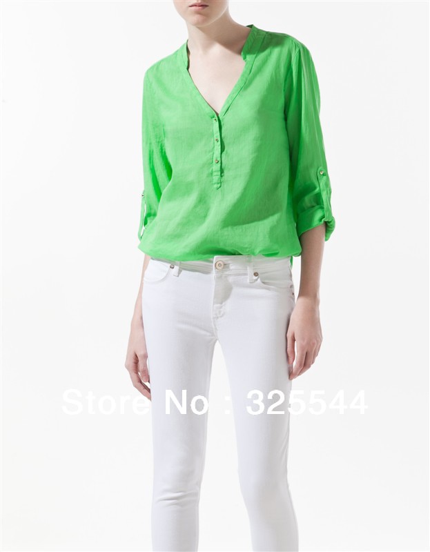 Free Shipping!!! 2013 HOT Womens Candy color Rivet V-neck Shirt Fashion Blouse