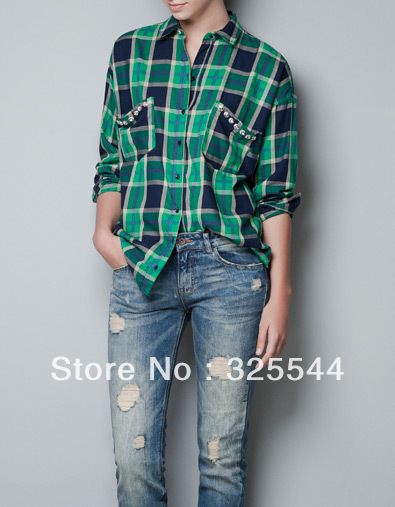 Free Shipping!!! 2013 HOT Womens Loose oblique pockets with artificial diamond Plaid Shirt Fashion Button Down Blouse