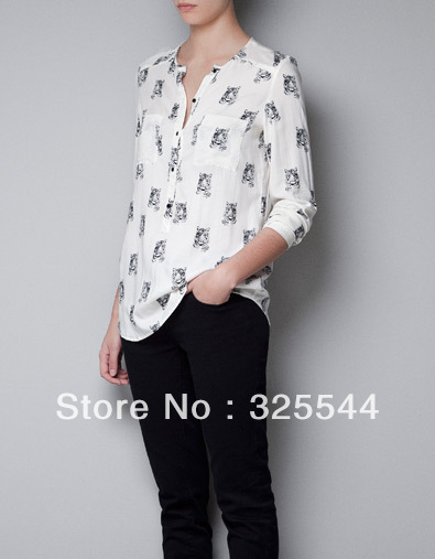 Free Shipping!!! 2013 HOT Womens Tiger print Shirt V-neck Fashion Blouse