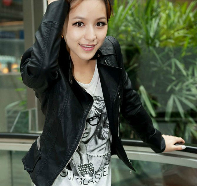 free shipping 2013 hotsales lady Mandarin collar PU jacket Short faux leather full sleeve Women's coat wholesale