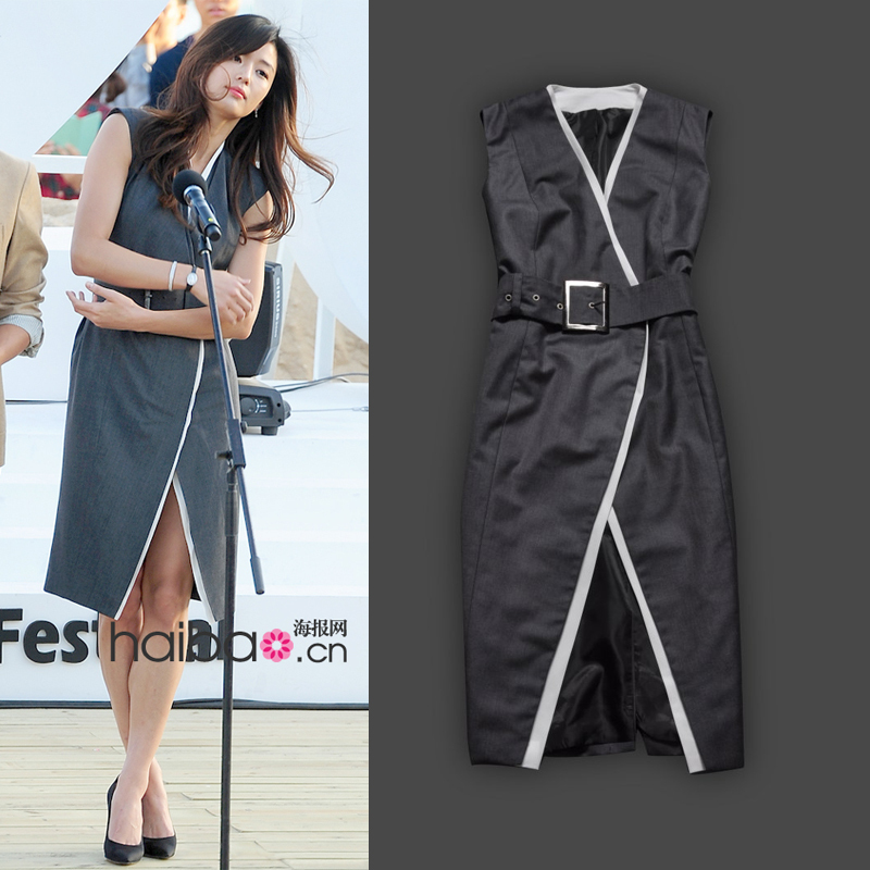 Free shipping 2013 intellectuality star style elegant long grey curved overlock design thin trench vest