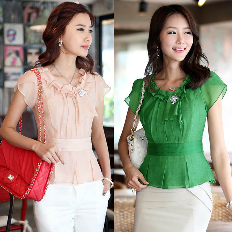 Free Shipping 2013 Korea Style Women's Slim Chiffon Shirts Fashion Ruffles Short-Sleeve Tops/Blouse Ladies' Shirt XS-XXL 3colors