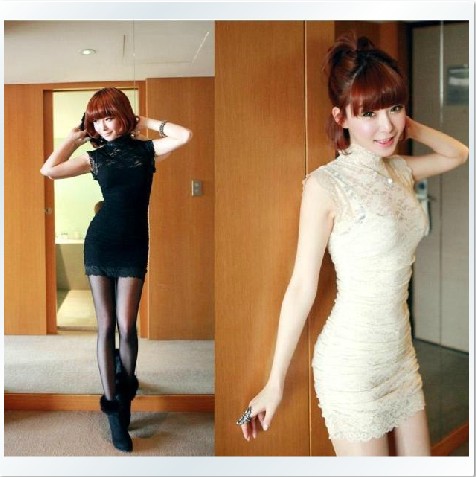 free shipping 2013 Korea  women's spring slim stand collar full sexy  lace one-piece dress falbala formal dress